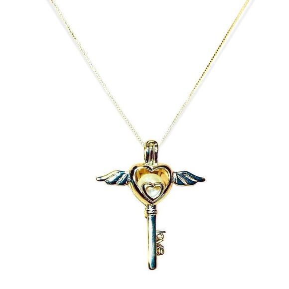 Sterling Silver Heart Winged Skeleton Key Pendant Necklace - NEW - Picture 4 of 5